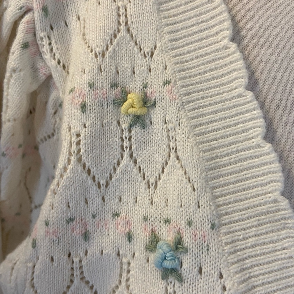 For Love And Lemons Cream Eyelet Knit Cardigan with Pastel Floral Embroidery - Picture 3 of 10
